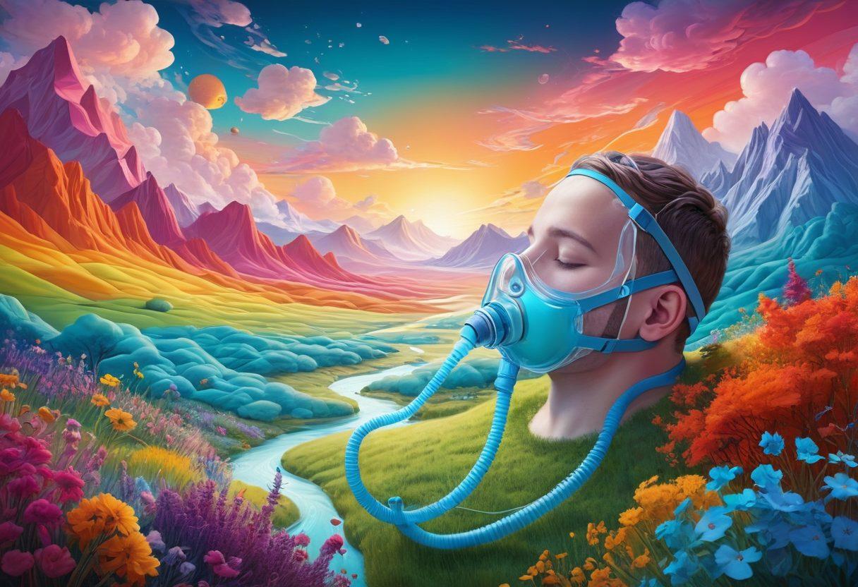A whimsical illustration blending the concepts of CPAP therapy and adult animation, featuring a playful character wearing a CPAP mask in a dreamy, surreal landscape filled with vibrant colors. Surround the character with flowing animations of relaxation and artistic expressions of sleep apnea, emphasizing both therapeutic and sensual aspects. The scene should evoke a sense of wonder and creativity, with soft, flowing lines and abstract shapes. vibrant colors. surreal art.