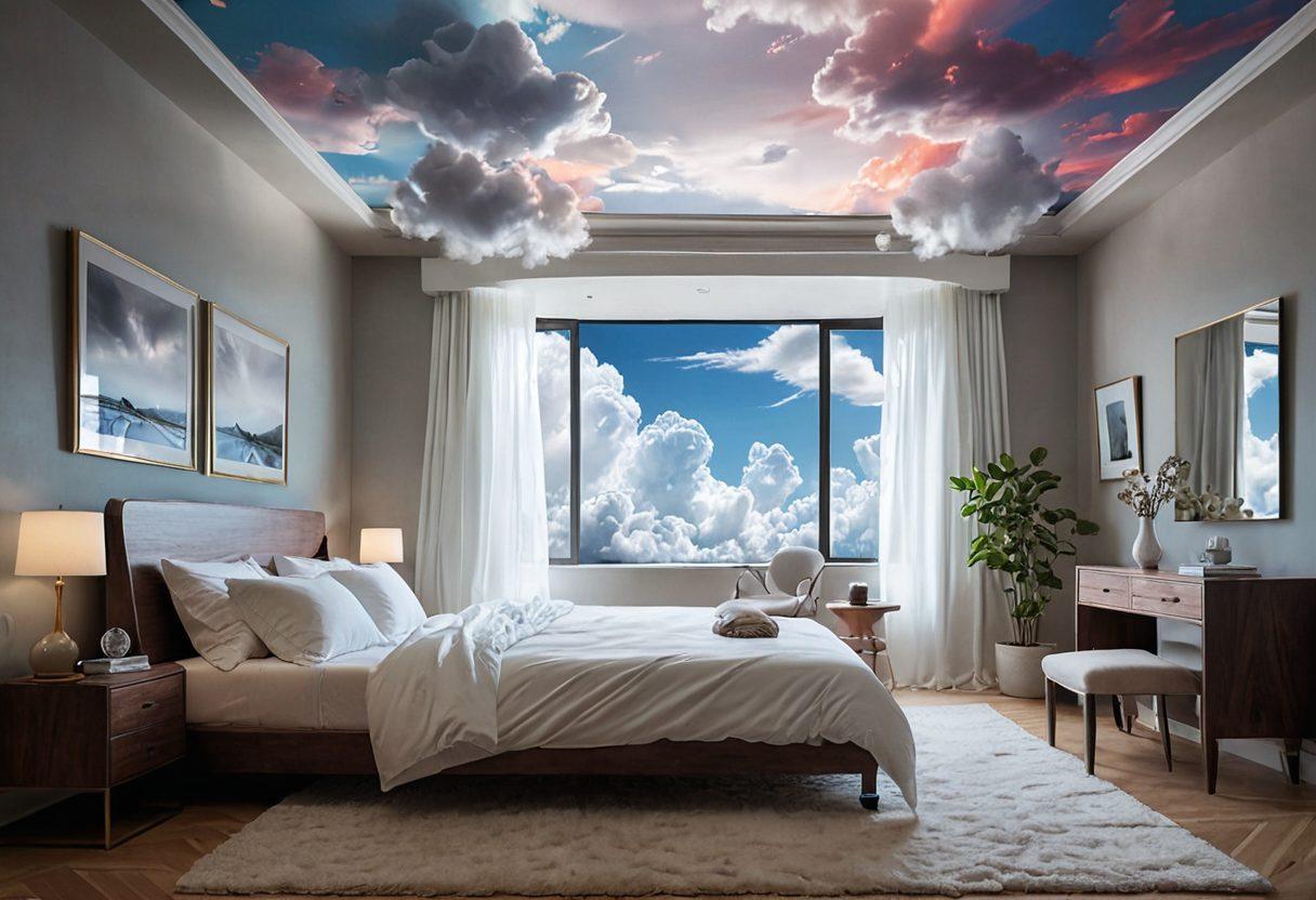 A visually striking representation of a serene bedroom setting transformed into a dreamlike landscape, featuring a CPAP machine artistically integrated into a whimsical scene with floating clouds and alluring silhouettes. Incorporate elements of adult animation and erotic art, such as soft, sensual figures in playful poses amidst gentle, swirling colors. The atmosphere should be romantic and dreamy, evoking a sense of both comfort and allure. super-realistic. vibrant colors. ethereal background.
